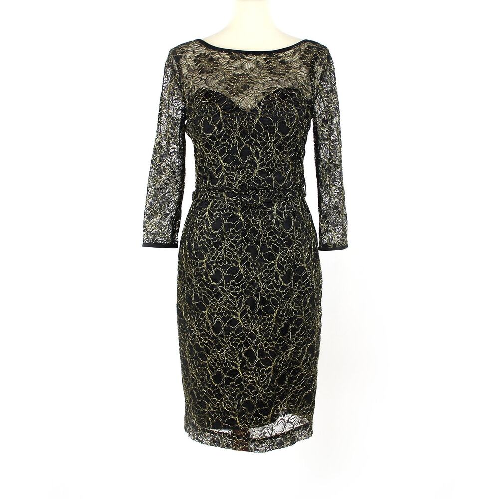 THEIA Lace Black Gold Floral Belted Cocktail Dress 8 Boat Neck 3/4th Sleeve